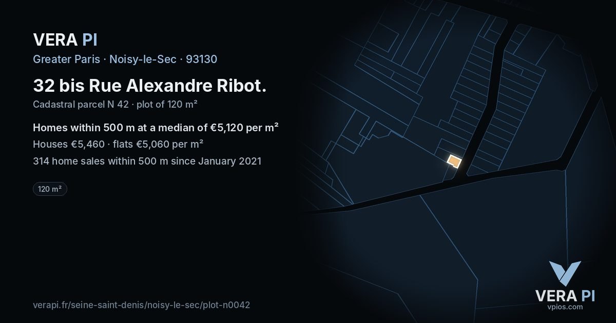 32 bis Rue Alexandre Ribot, Noisy-le-Sec at night – the plot lit, the parcels around coloured by the prices near them