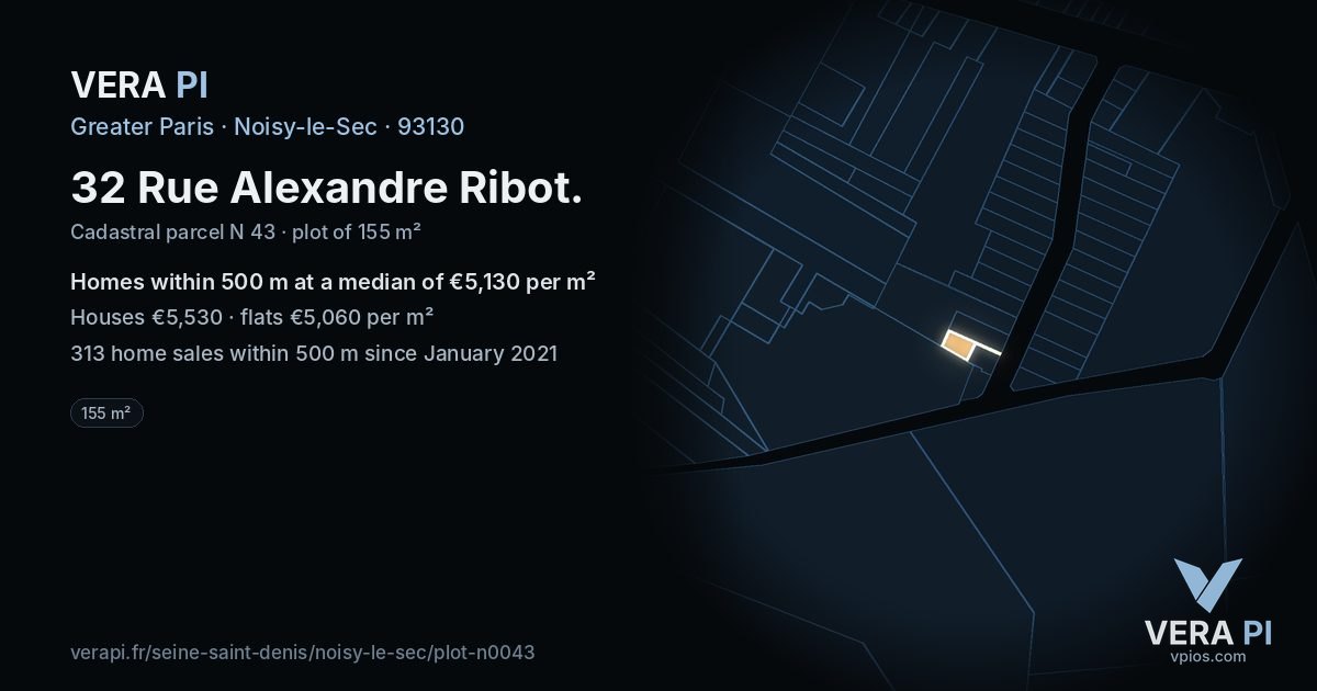 32 Rue Alexandre Ribot, Noisy-le-Sec at night – the plot lit, the parcels around coloured by the prices near them