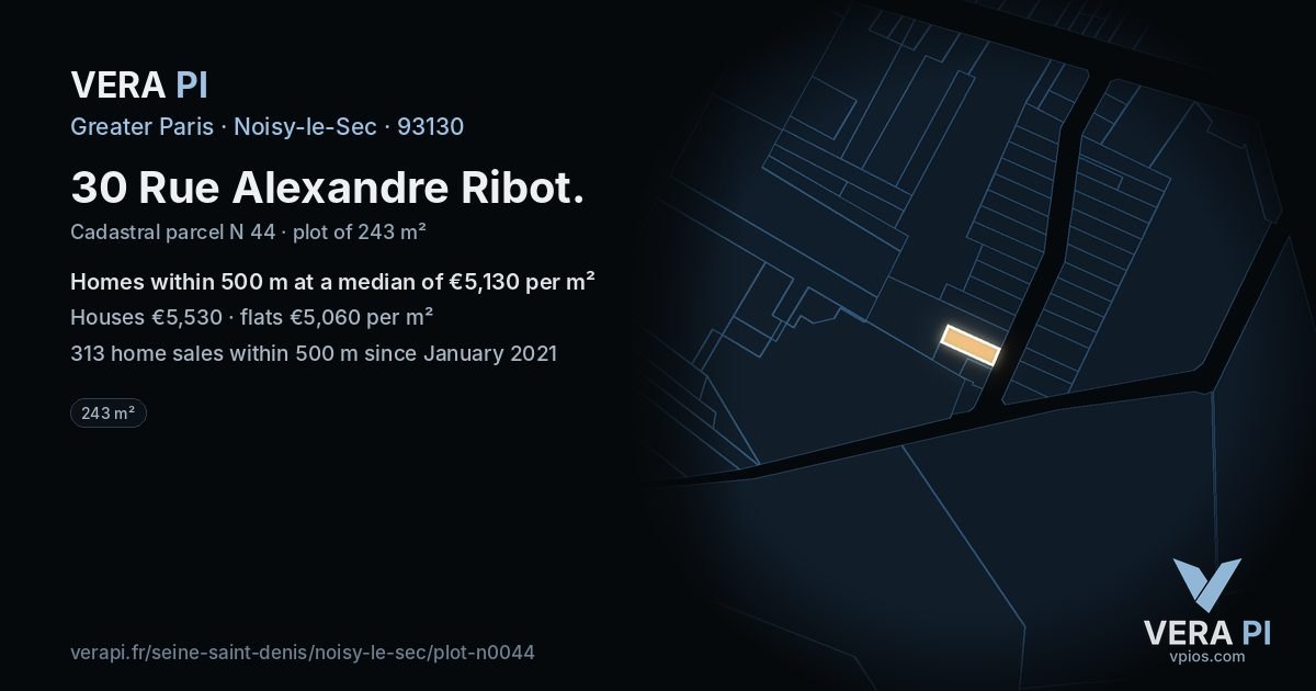 30 Rue Alexandre Ribot, Noisy-le-Sec at night – the plot lit, the parcels around coloured by the prices near them