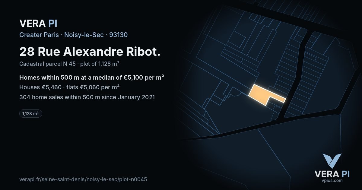 28 Rue Alexandre Ribot, Noisy-le-Sec at night – the plot lit, the parcels around coloured by the prices near them
