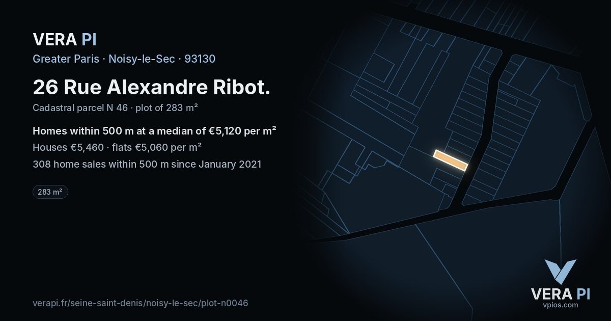 26 Rue Alexandre Ribot, Noisy-le-Sec at night – the plot lit, the parcels around coloured by the prices near them