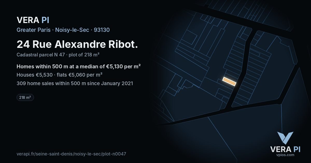 24 Rue Alexandre Ribot, Noisy-le-Sec at night – the plot lit, the parcels around coloured by the prices near them