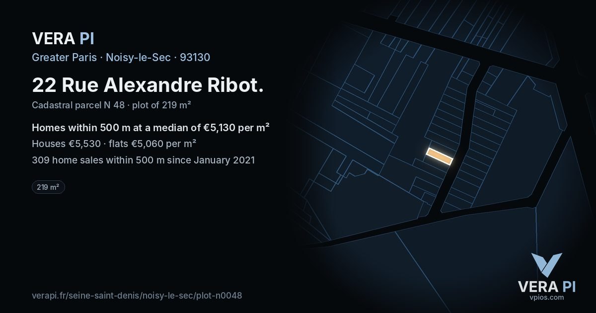 22 Rue Alexandre Ribot, Noisy-le-Sec at night – the plot lit, the parcels around coloured by the prices near them