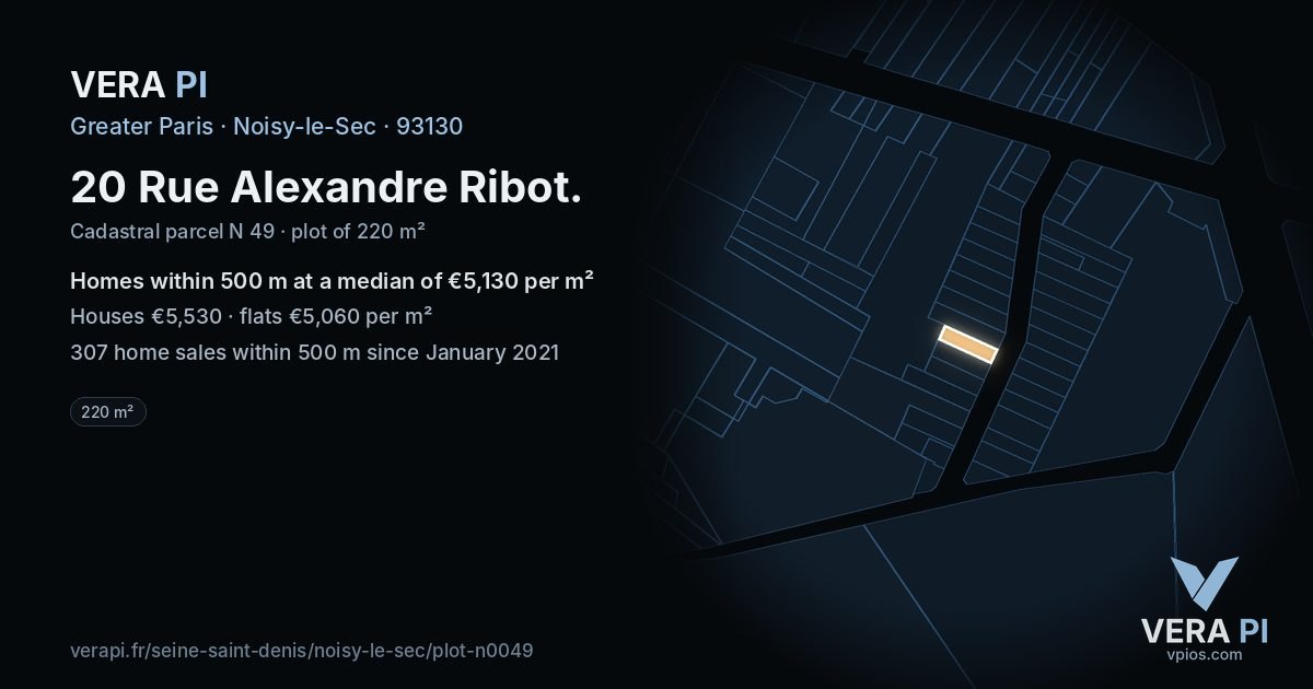 20 Rue Alexandre Ribot, Noisy-le-Sec at night – the plot lit, the parcels around coloured by the prices near them
