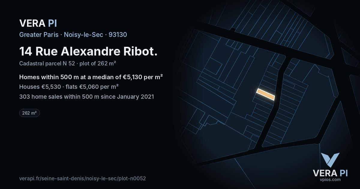 14 Rue Alexandre Ribot, Noisy-le-Sec at night – the plot lit, the parcels around coloured by the prices near them