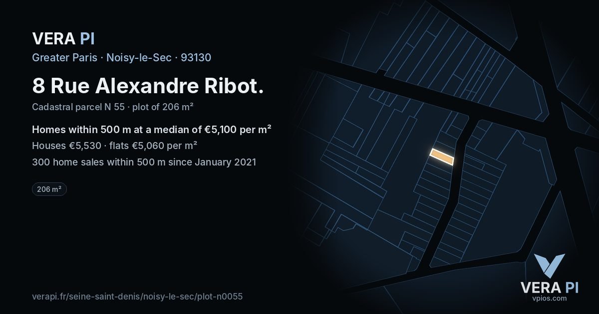 8 Rue Alexandre Ribot, Noisy-le-Sec at night – the plot lit, the parcels around coloured by the prices near them