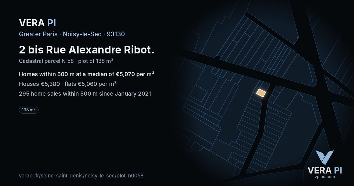 2 bis Rue Alexandre Ribot, Noisy-le-Sec at night – the plot lit, the parcels around coloured by the prices near them