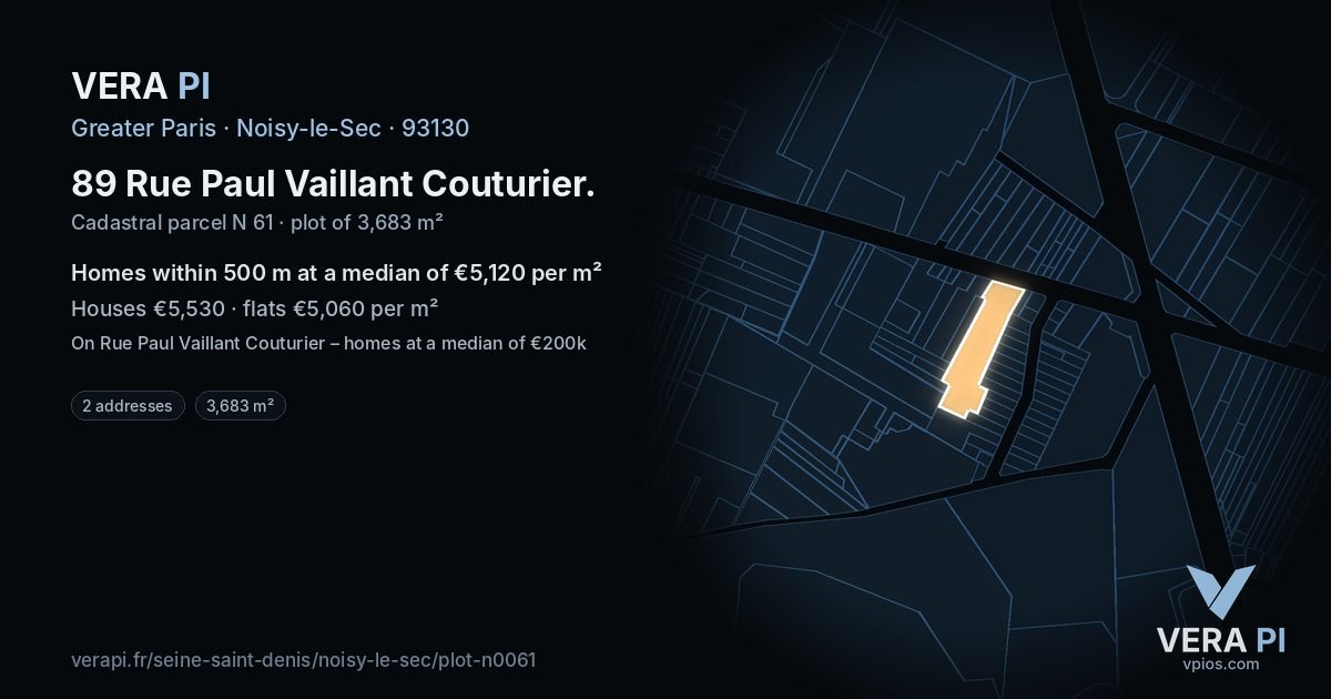 89 Rue Paul Vaillant Couturier, Noisy-le-Sec at night – the plot lit, the parcels around coloured by the prices near them
