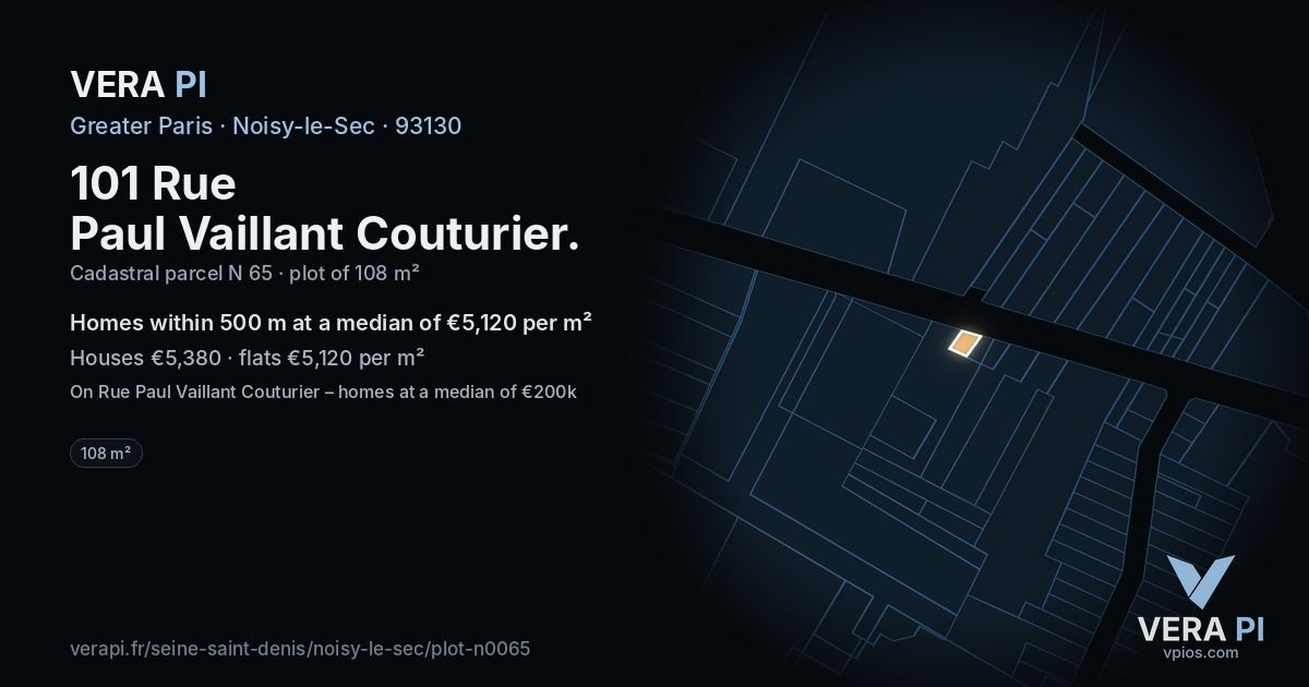 101 Rue Paul Vaillant Couturier, Noisy-le-Sec at night – the plot lit, the parcels around coloured by the prices near them