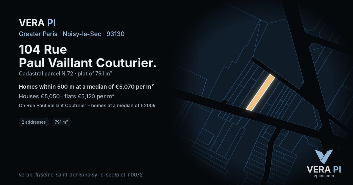 104 Rue Paul Vaillant Couturier, Noisy-le-Sec at night – the plot lit, the parcels around coloured by the prices near them