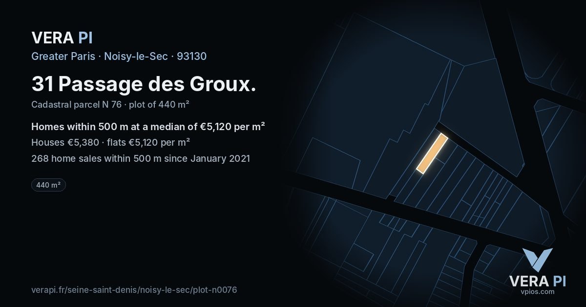 31 Passage des Groux, Noisy-le-Sec at night – the plot lit, the parcels around coloured by the prices near them