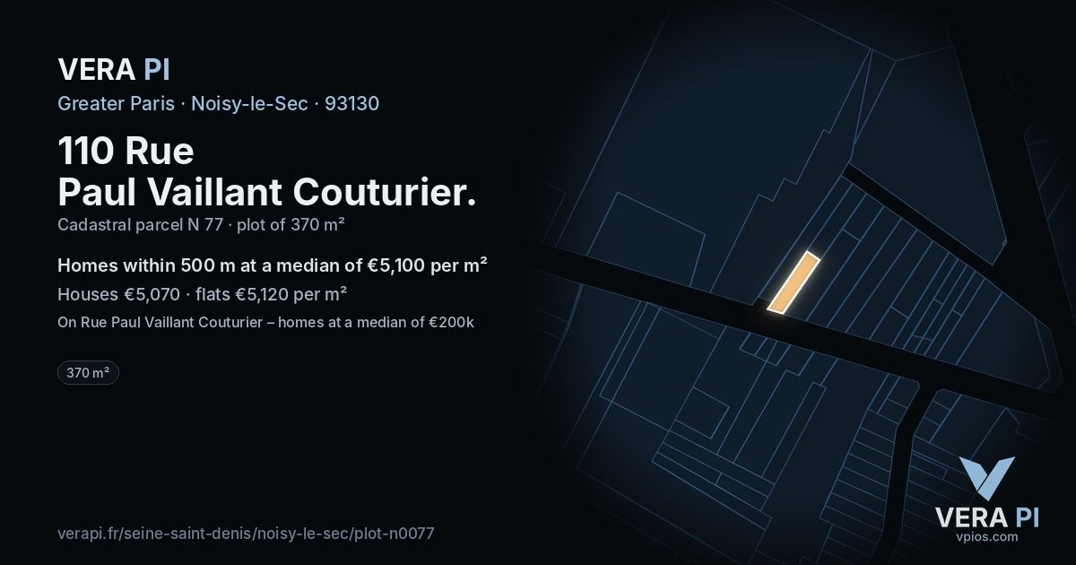 110 Rue Paul Vaillant Couturier, Noisy-le-Sec at night – the plot lit, the parcels around coloured by the prices near them