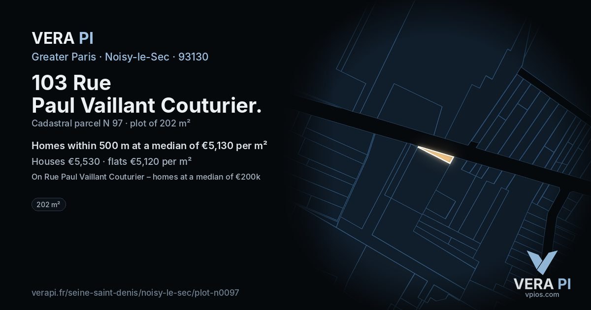 103 Rue Paul Vaillant Couturier, Noisy-le-Sec at night – the plot lit, the parcels around coloured by the prices near them