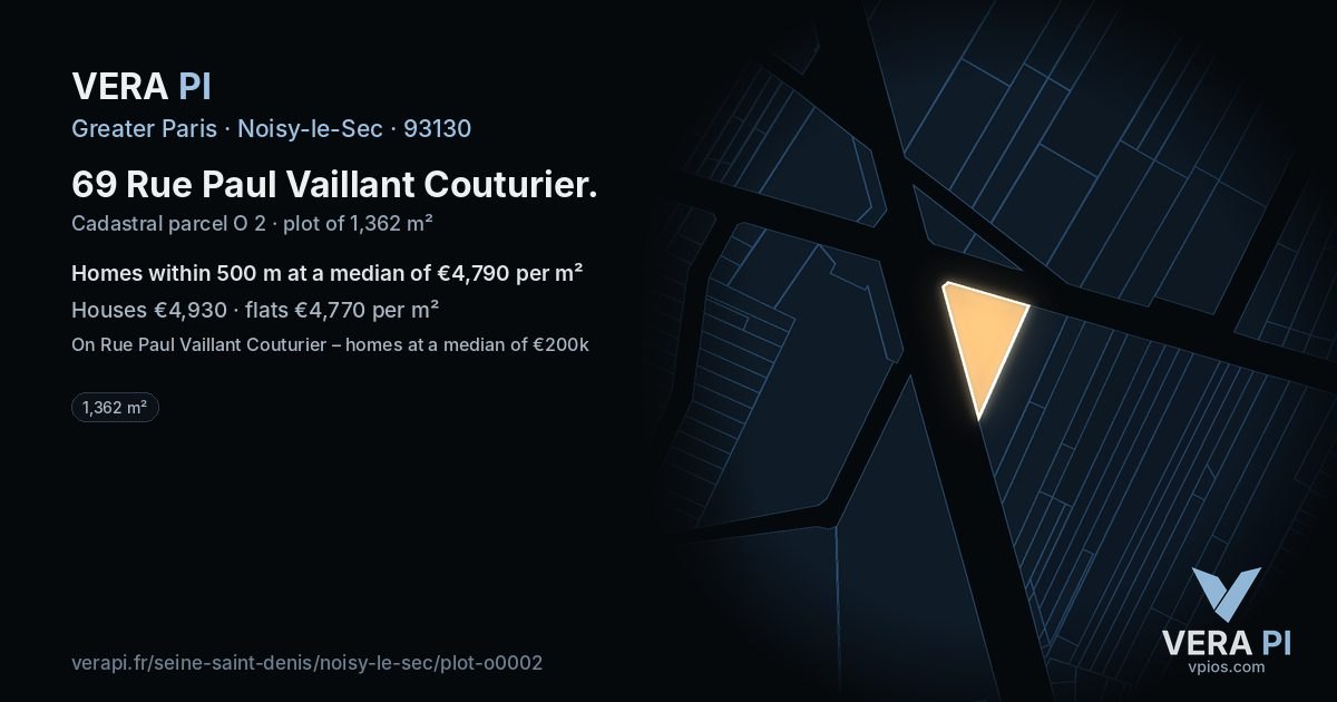 69 Rue Paul Vaillant Couturier, Noisy-le-Sec at night – the plot lit, the parcels around coloured by the prices near them