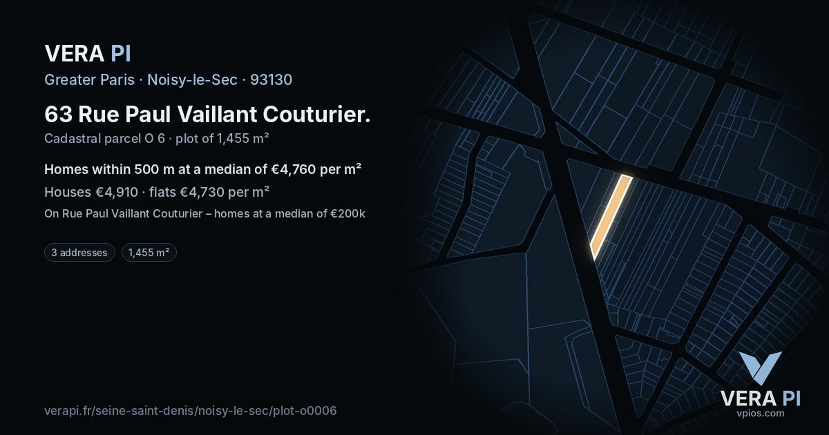 63 Rue Paul Vaillant Couturier, Noisy-le-Sec at night – the plot lit, the parcels around coloured by the prices near them