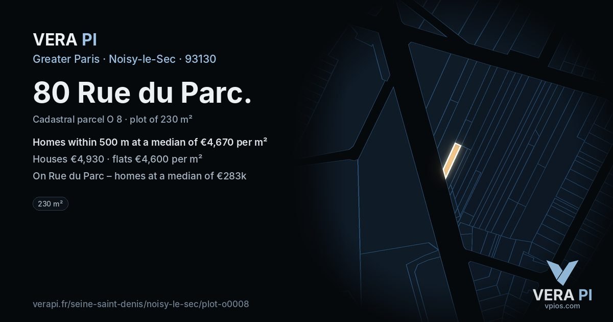80 Rue du Parc, Noisy-le-Sec at night – the plot lit, the parcels around coloured by the prices near them