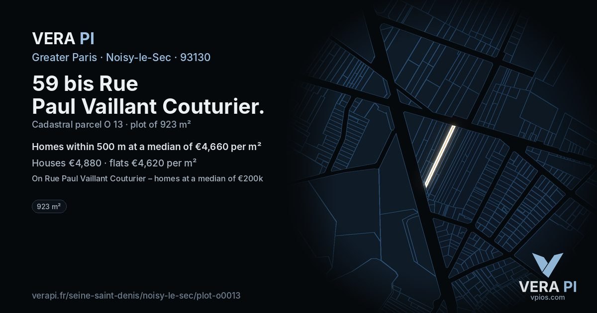59 bis Rue Paul Vaillant Couturier, Noisy-le-Sec at night – the plot lit, the parcels around coloured by the prices near them