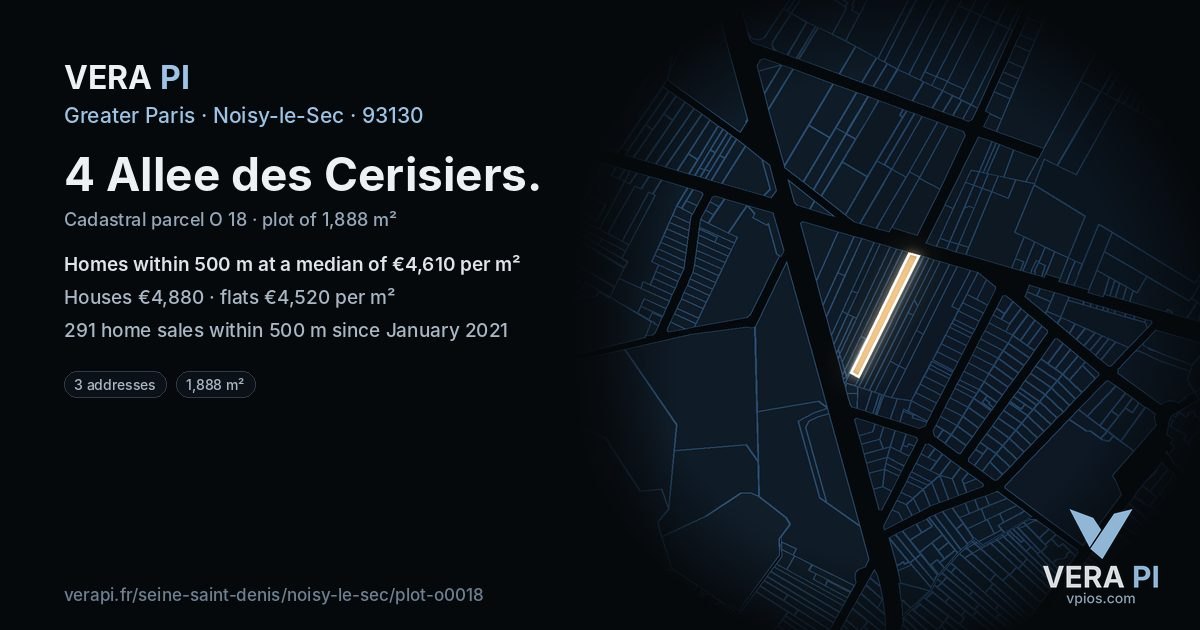 4 Allee des Cerisiers, Noisy-le-Sec at night – the plot lit, the parcels around coloured by the prices near them