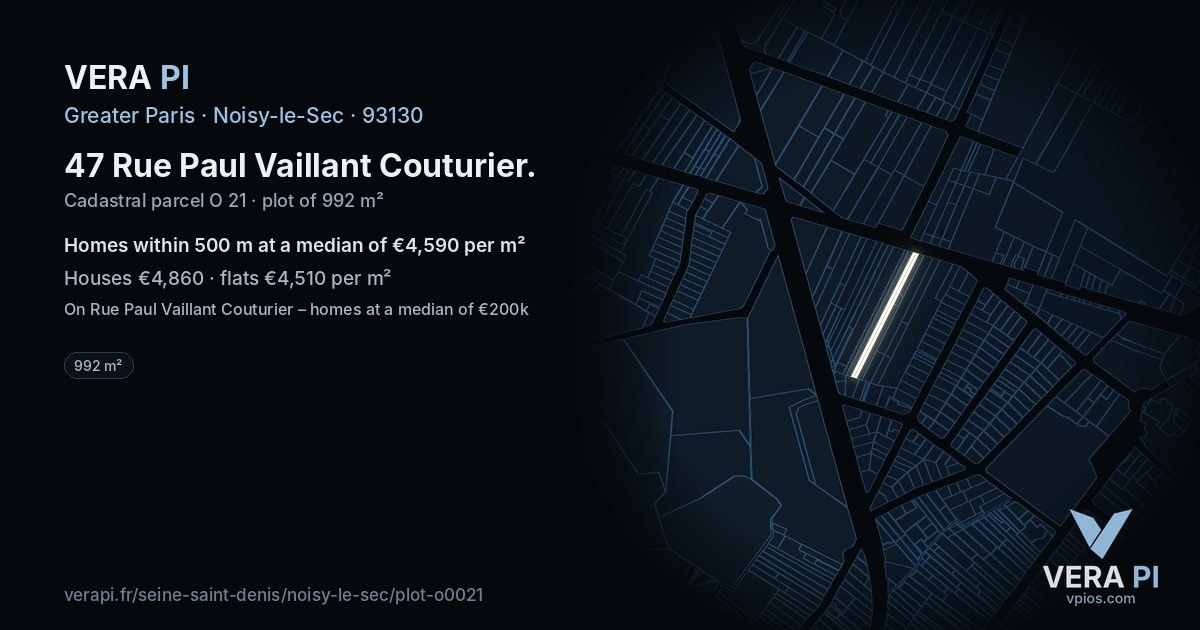 47 Rue Paul Vaillant Couturier, Noisy-le-Sec at night – the plot lit, the parcels around coloured by the prices near them