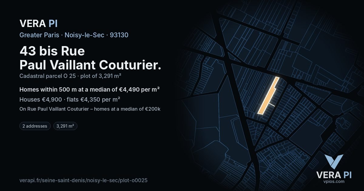 43 bis Rue Paul Vaillant Couturier, Noisy-le-Sec at night – the plot lit, the parcels around coloured by the prices near them