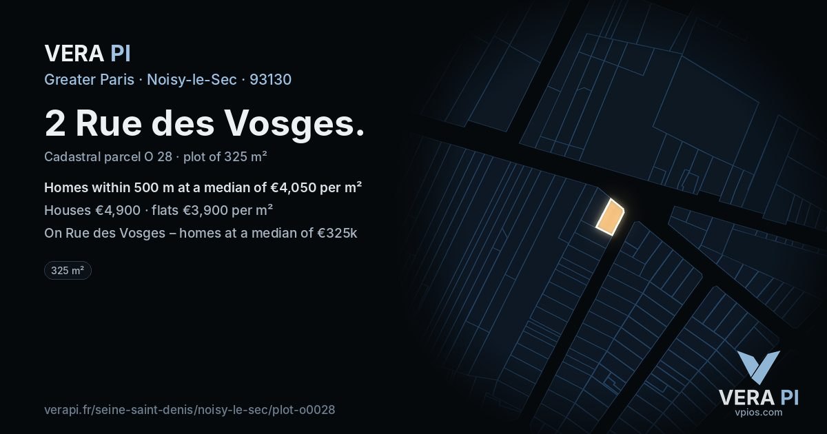 2 Rue des Vosges, Noisy-le-Sec at night – the plot lit, the parcels around coloured by the prices near them