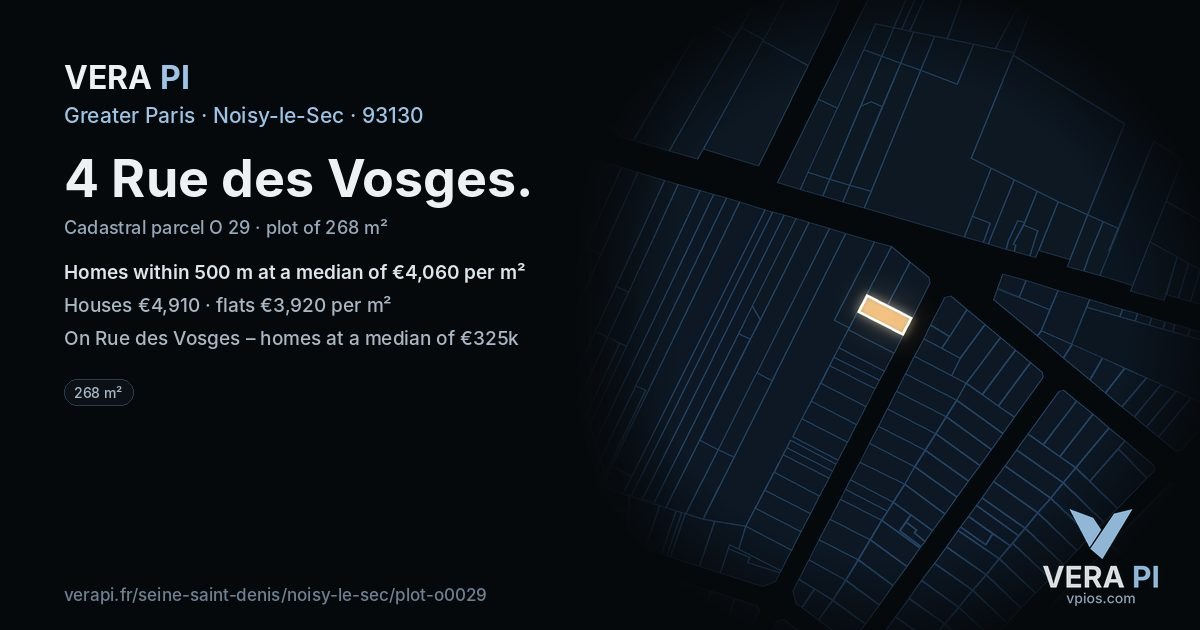 4 Rue des Vosges, Noisy-le-Sec at night – the plot lit, the parcels around coloured by the prices near them