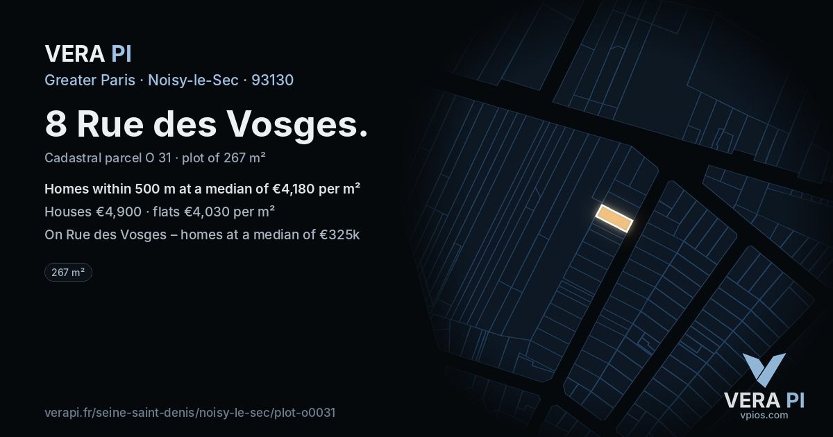 8 Rue des Vosges, Noisy-le-Sec at night – the plot lit, the parcels around coloured by the prices near them