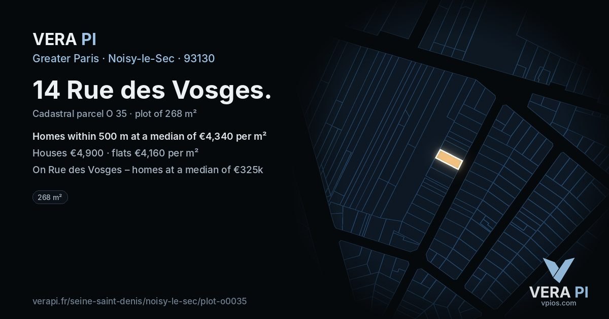 14 Rue des Vosges, Noisy-le-Sec at night – the plot lit, the parcels around coloured by the prices near them