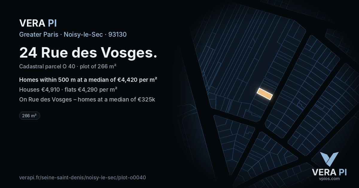 24 Rue des Vosges, Noisy-le-Sec at night – the plot lit, the parcels around coloured by the prices near them