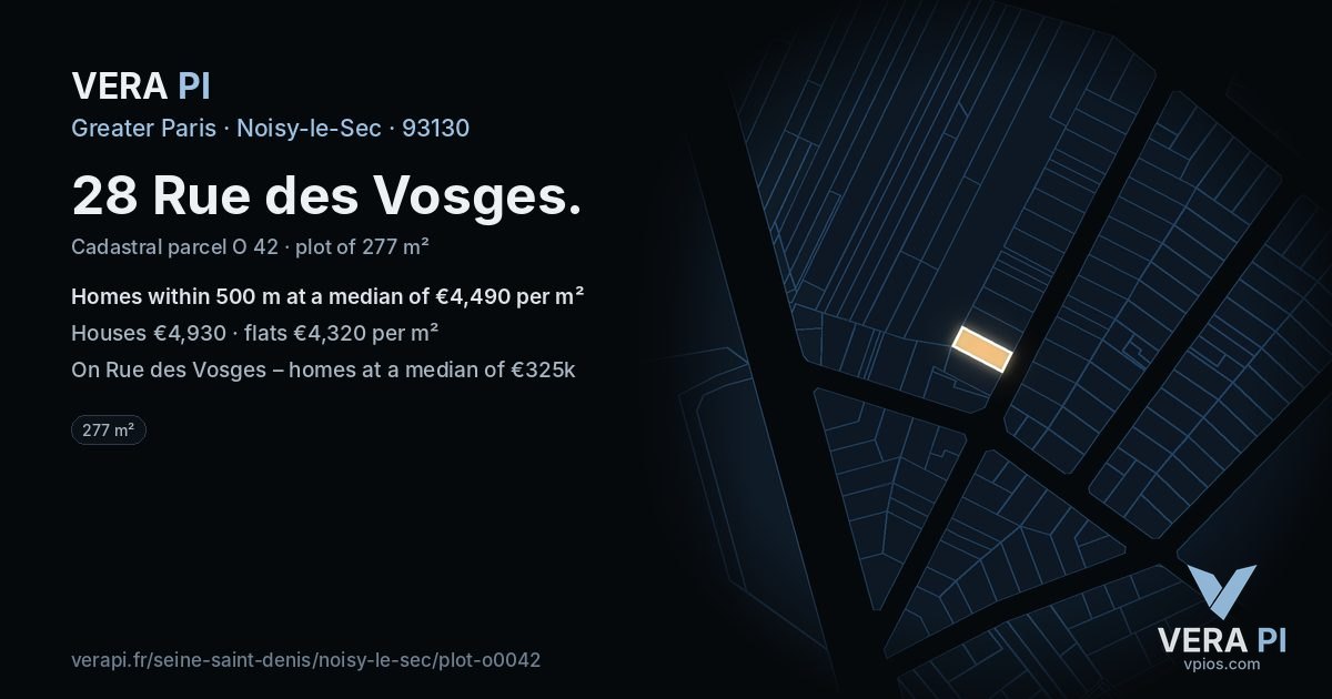 28 Rue des Vosges, Noisy-le-Sec at night – the plot lit, the parcels around coloured by the prices near them
