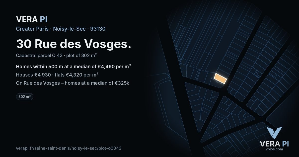 30 Rue des Vosges, Noisy-le-Sec at night – the plot lit, the parcels around coloured by the prices near them
