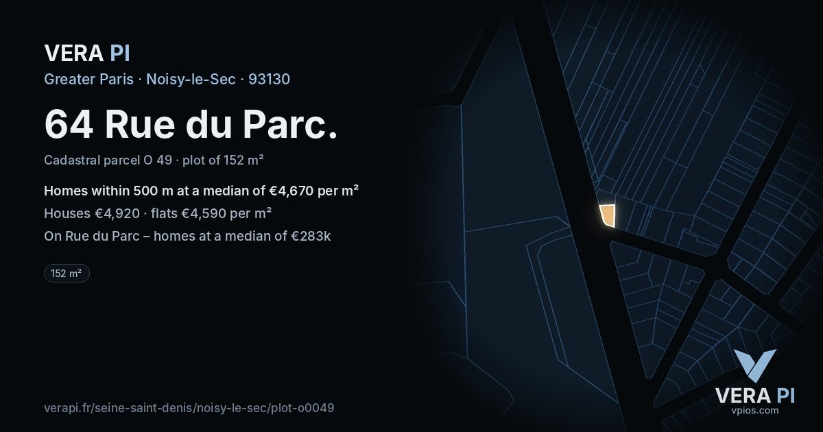 64 Rue du Parc, Noisy-le-Sec at night – the plot lit, the parcels around coloured by the prices near them