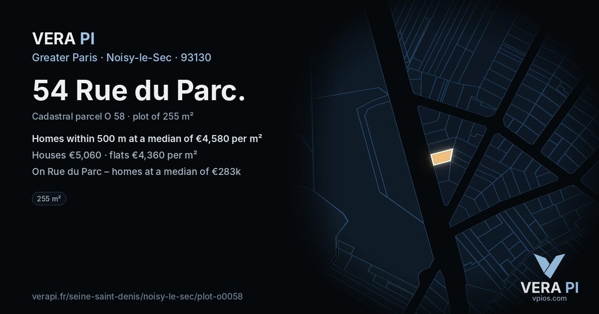 54 Rue du Parc, Noisy-le-Sec at night – the plot lit, the parcels around coloured by the prices near them