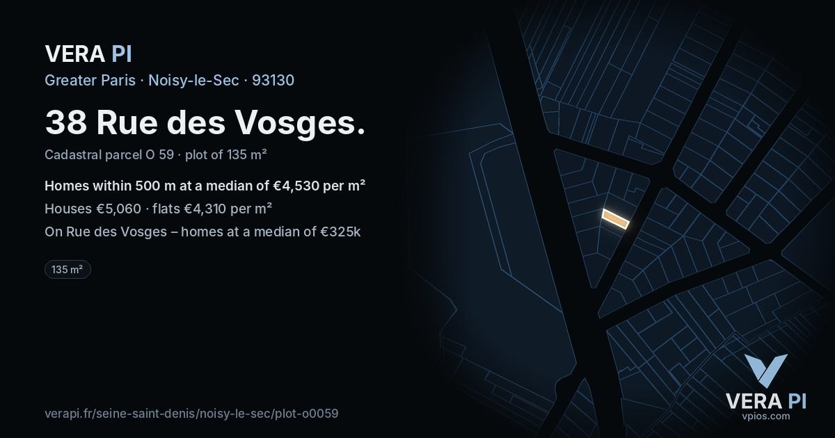 38 Rue des Vosges, Noisy-le-Sec at night – the plot lit, the parcels around coloured by the prices near them