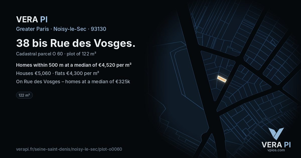 38 bis Rue des Vosges, Noisy-le-Sec at night – the plot lit, the parcels around coloured by the prices near them