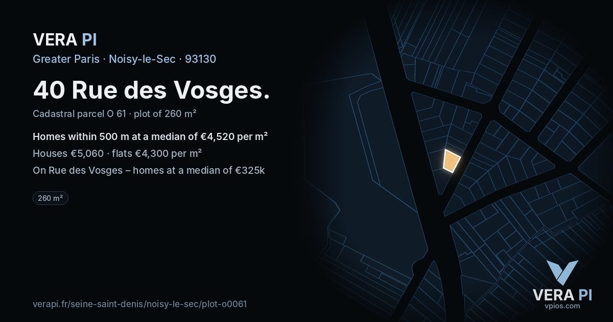 40 Rue des Vosges, Noisy-le-Sec at night – the plot lit, the parcels around coloured by the prices near them