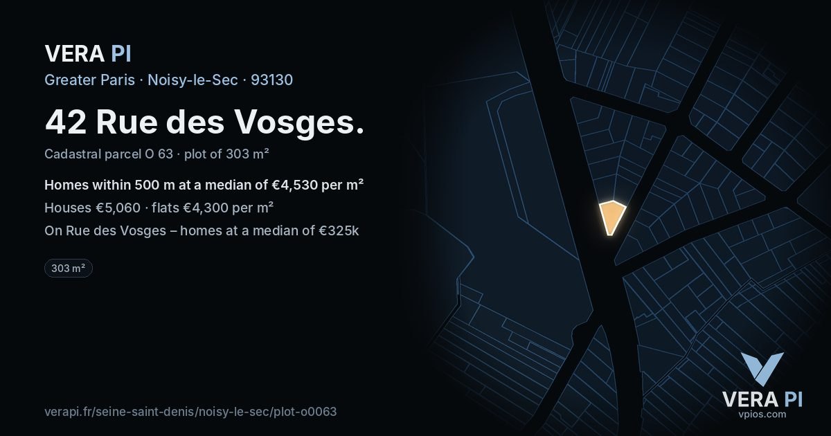 42 Rue des Vosges, Noisy-le-Sec at night – the plot lit, the parcels around coloured by the prices near them