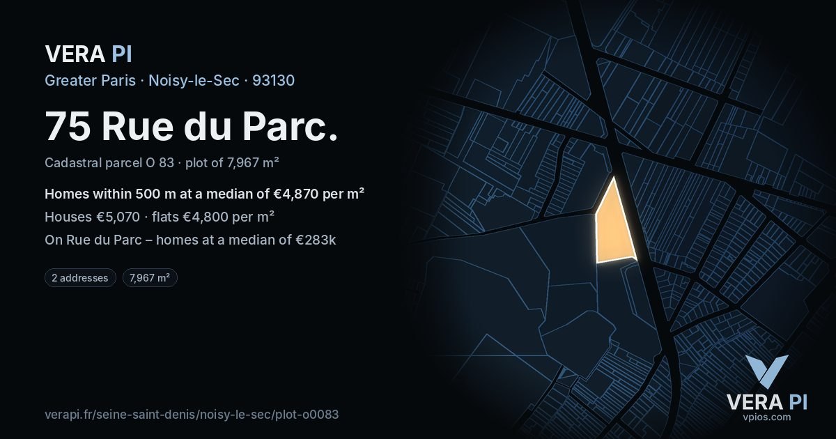 75 Rue du Parc, Noisy-le-Sec at night – the plot lit, the parcels around coloured by the prices near them