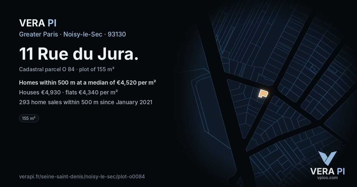 11 Rue du Jura, Noisy-le-Sec at night – the plot lit, the parcels around coloured by the prices near them