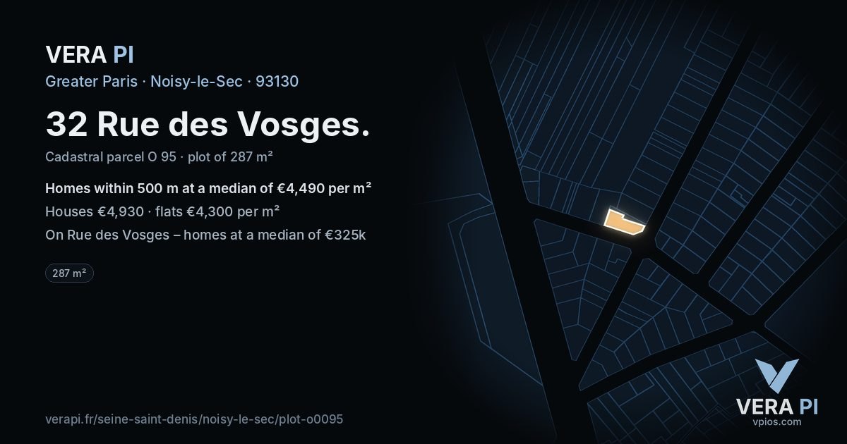 32 Rue des Vosges, Noisy-le-Sec at night – the plot lit, the parcels around coloured by the prices near them