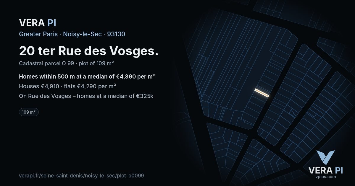 20 ter Rue des Vosges, Noisy-le-Sec at night – the plot lit, the parcels around coloured by the prices near them