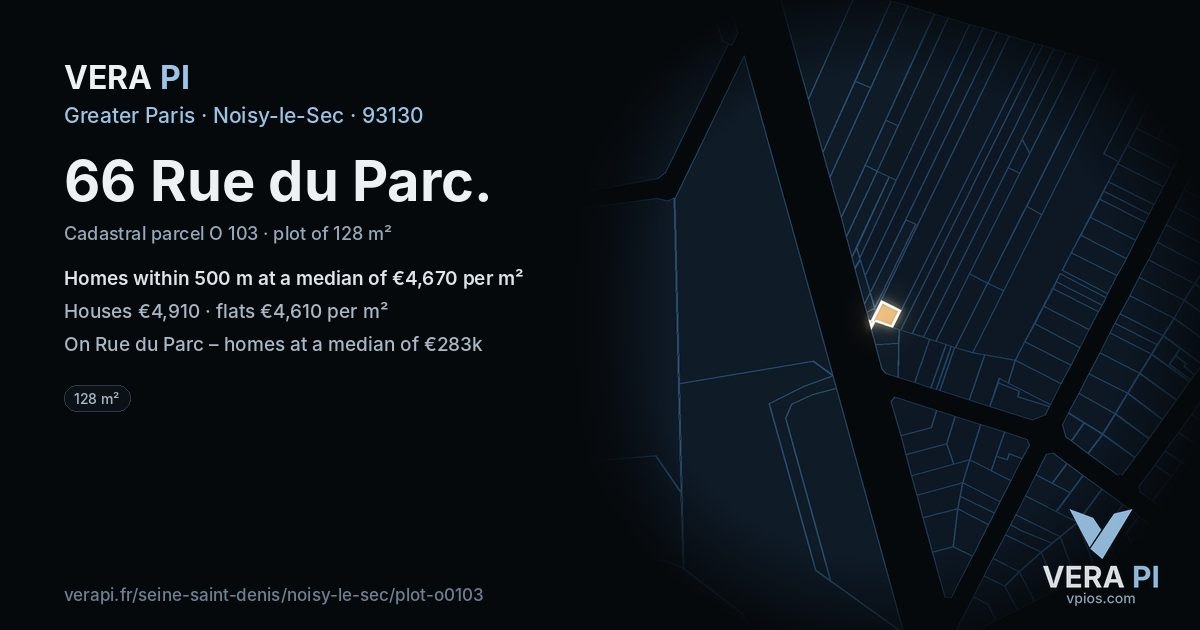 66 Rue du Parc, Noisy-le-Sec at night – the plot lit, the parcels around coloured by the prices near them