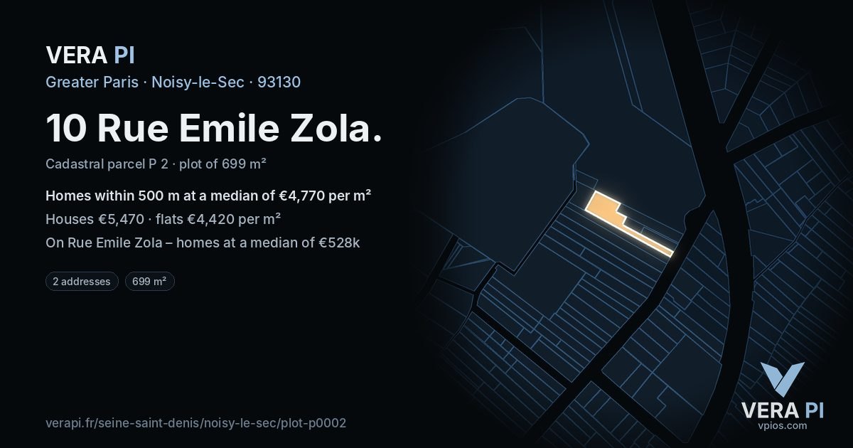 10 Rue Emile Zola, Noisy-le-Sec at night – the plot lit, the parcels around coloured by the prices near them