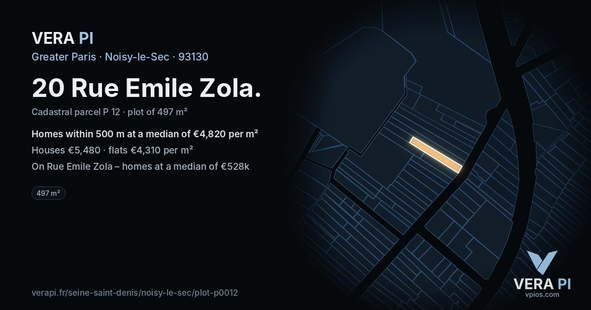 20 Rue Emile Zola, Noisy-le-Sec at night – the plot lit, the parcels around coloured by the prices near them