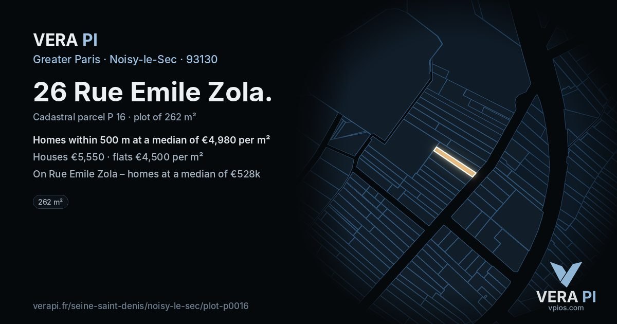 26 Rue Emile Zola, Noisy-le-Sec at night – the plot lit, the parcels around coloured by the prices near them