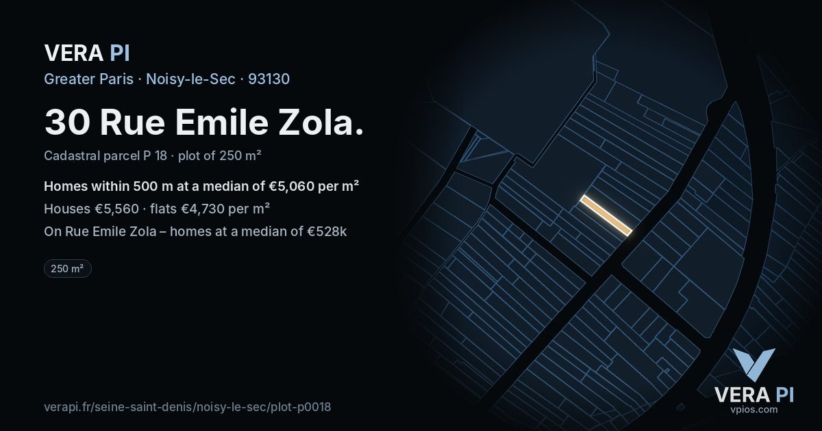30 Rue Emile Zola, Noisy-le-Sec at night – the plot lit, the parcels around coloured by the prices near them