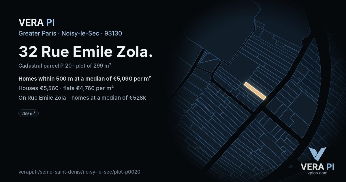 32 Rue Emile Zola, Noisy-le-Sec at night – the plot lit, the parcels around coloured by the prices near them