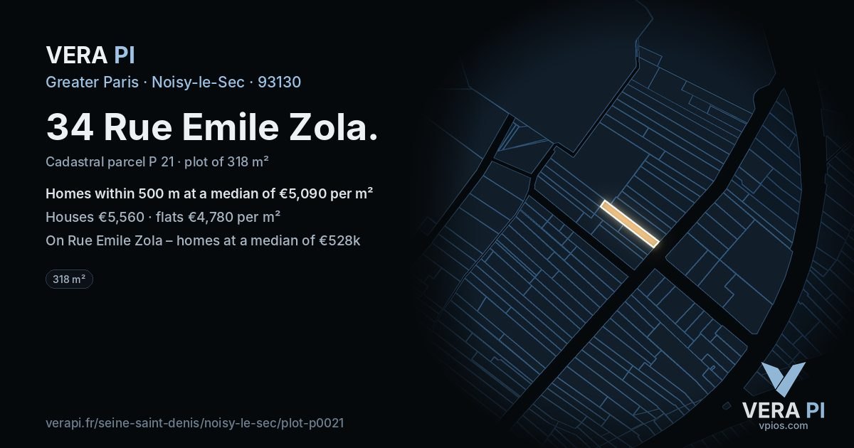 34 Rue Emile Zola, Noisy-le-Sec at night – the plot lit, the parcels around coloured by the prices near them