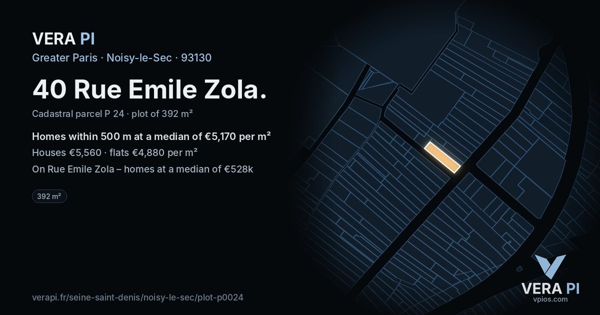 40 Rue Emile Zola, Noisy-le-Sec at night – the plot lit, the parcels around coloured by the prices near them