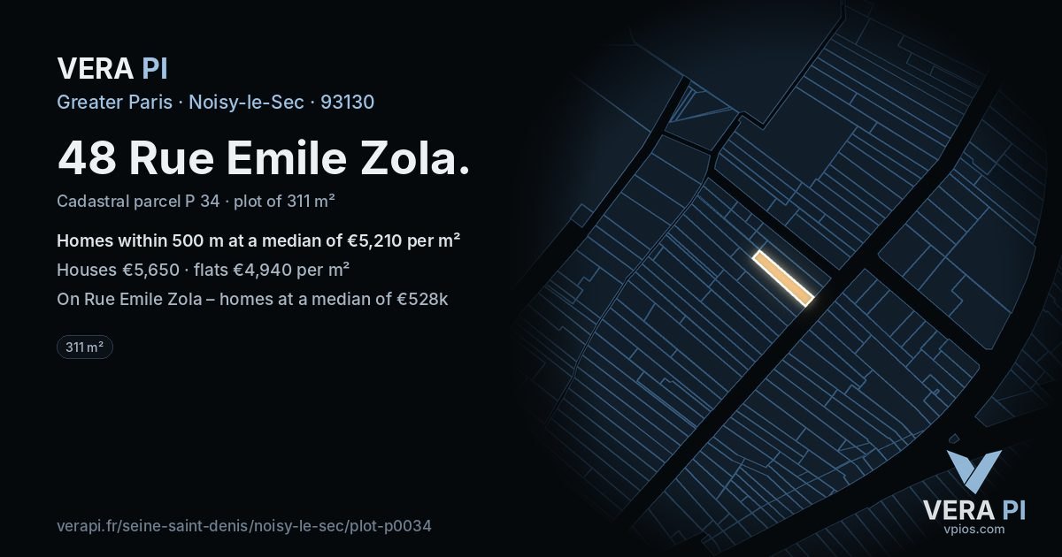 48 Rue Emile Zola, Noisy-le-Sec at night – the plot lit, the parcels around coloured by the prices near them